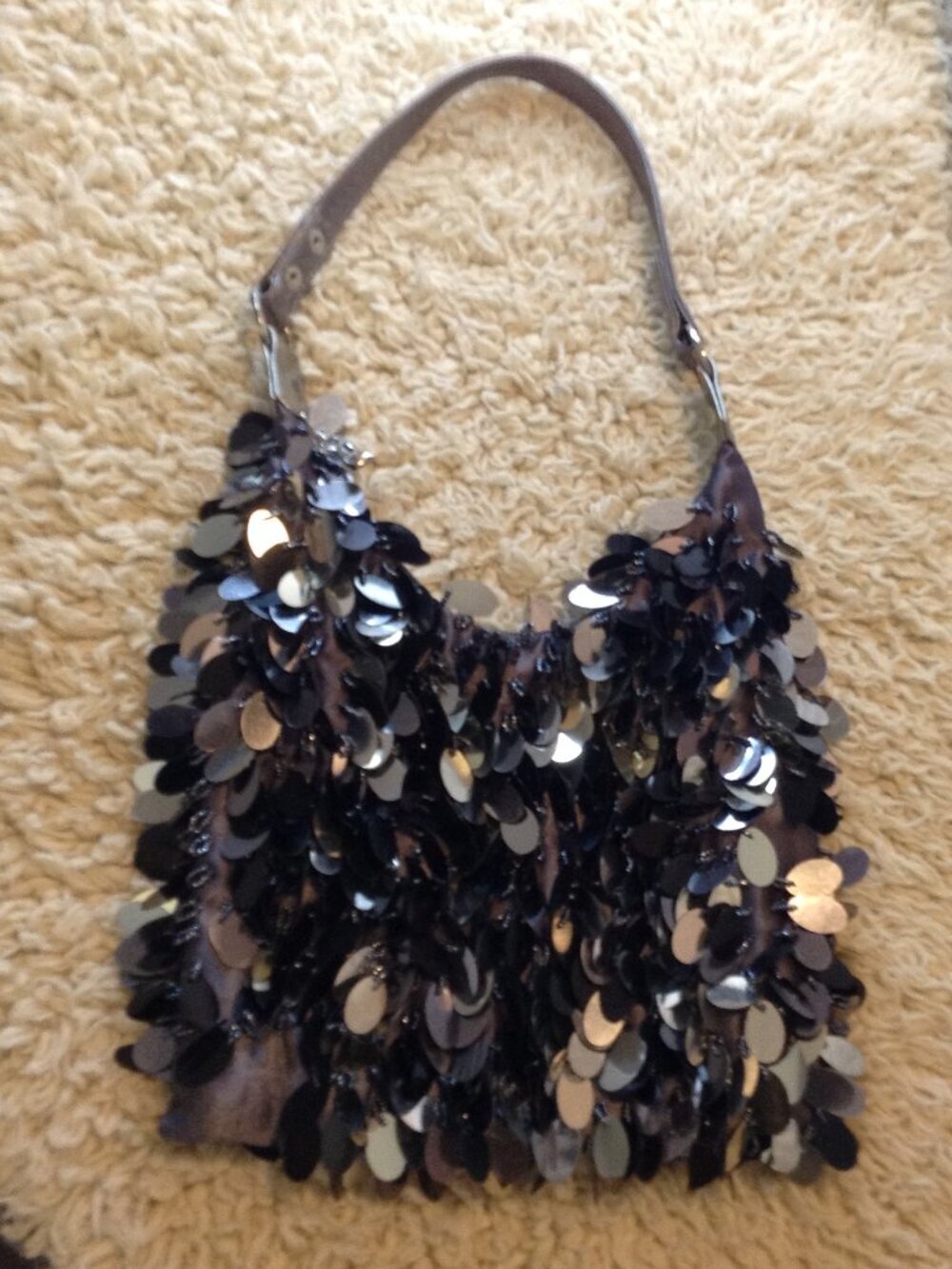 VTG 90's Y2K Black Satiny Sequined Hobo Slouch Shoulder Bag Retro Artistic Boho - Picture 2 of 5
